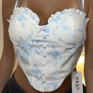 Floral Ruffle Corset Crop Tank with Blue Accents